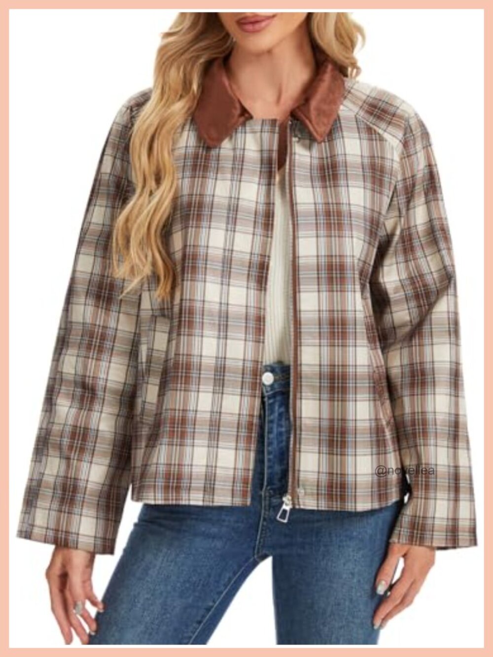Womens Plaid Barn Jacket Zip Up Lightweight Cropped Casual Coat